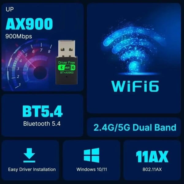 Wifi 6 mini usb dongle placa de rede bt 5.4 receptor dongle ax900 para win 10/11 pc banda dupla 2.4g/5ghz