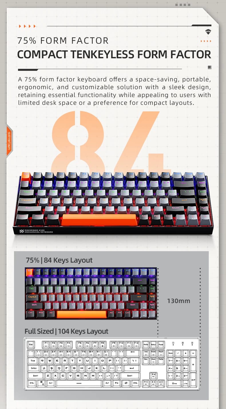 Machenike K500A-B84 Teclado Mecânico 75% TKL Hot-Swappable Wired Gaming Keyboard 6-Color Backlit 84 Teclas Para PC Gamers Laptop Machenike K500A-B84 Teclado Mecânico 75% TKL Hot-Swappable Wired Gaming Keyboard 6-Color Backlit 84 Teclas Para PC Gamers Laptop