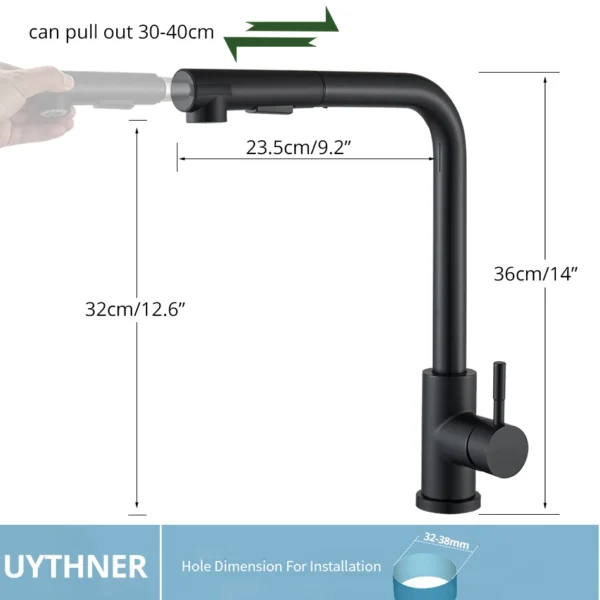 Torneira Gourmet Cozinha Preto Fosco Uythner Com Chuveirinho Retrátil Misturador Quente e Frio 360°