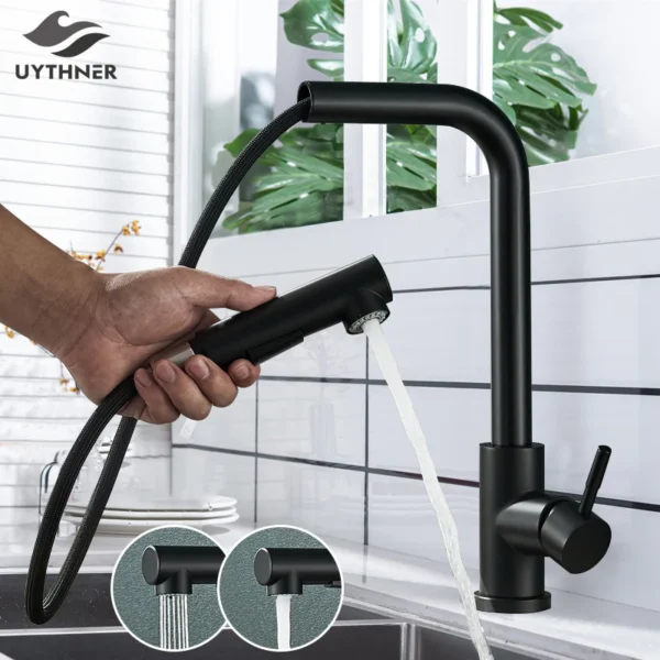Torneira Gourmet Cozinha Preto Fosco Uythner Com Chuveirinho Retrátil Misturador Quente e Frio 360°